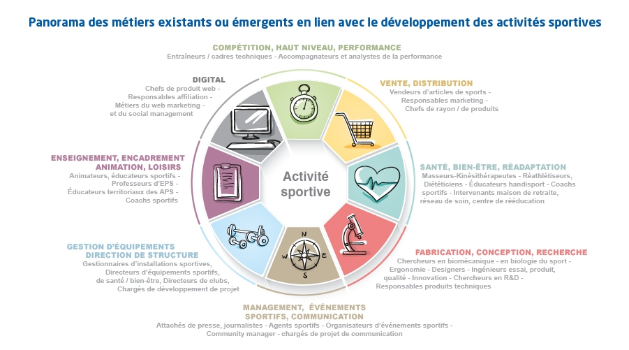 Infographie Panorama des métiers existants ou émergents  en lien avec le développement des activités sportives