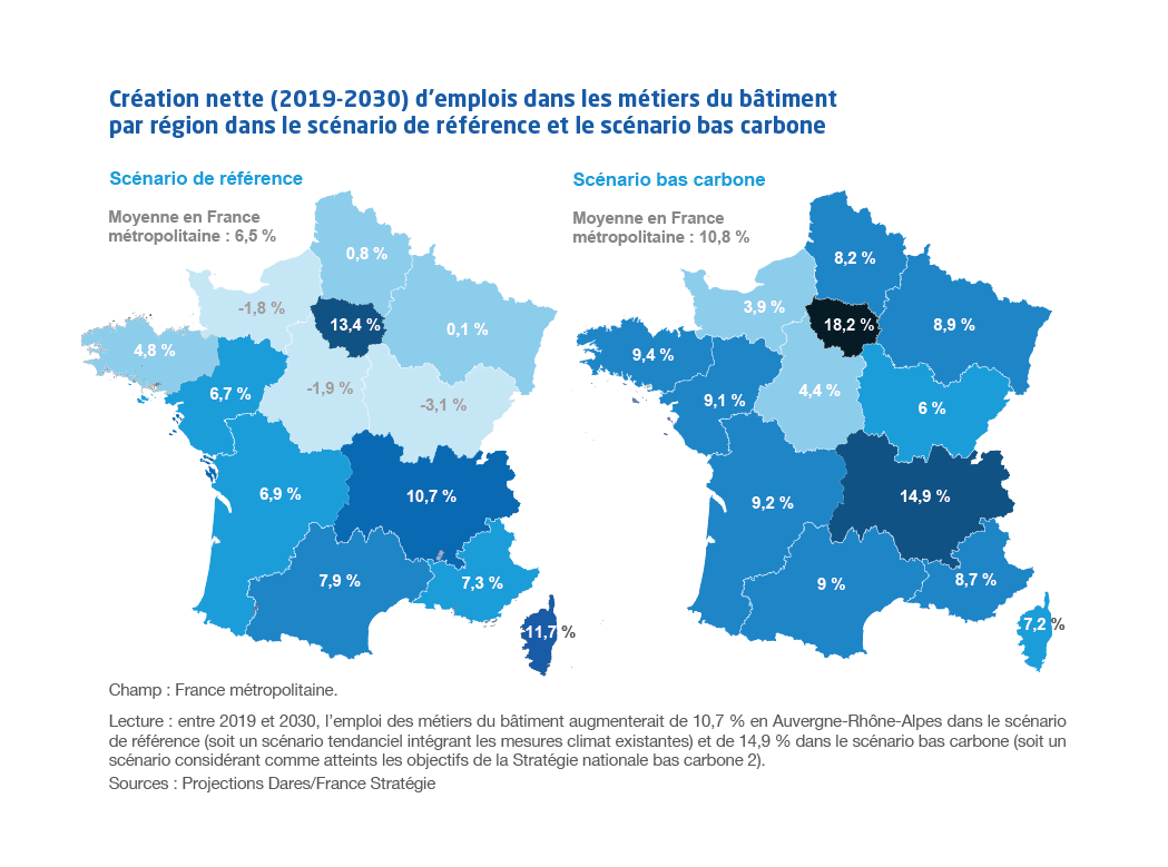 Cartes Création nette (2019-2030) d’emplois dans les métiers du bâtiment par région dans le scénario de référence et le scénario bas carbone