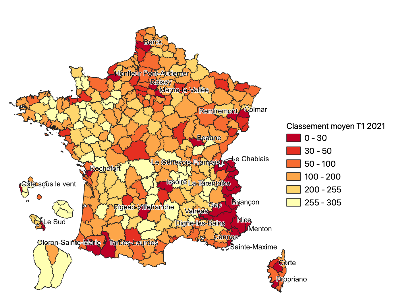 Cartes 1 et 2 – Score global d’exposition : la géographie de la crise perdure au premier trimestre 2021  2. Premier trimestre 2021